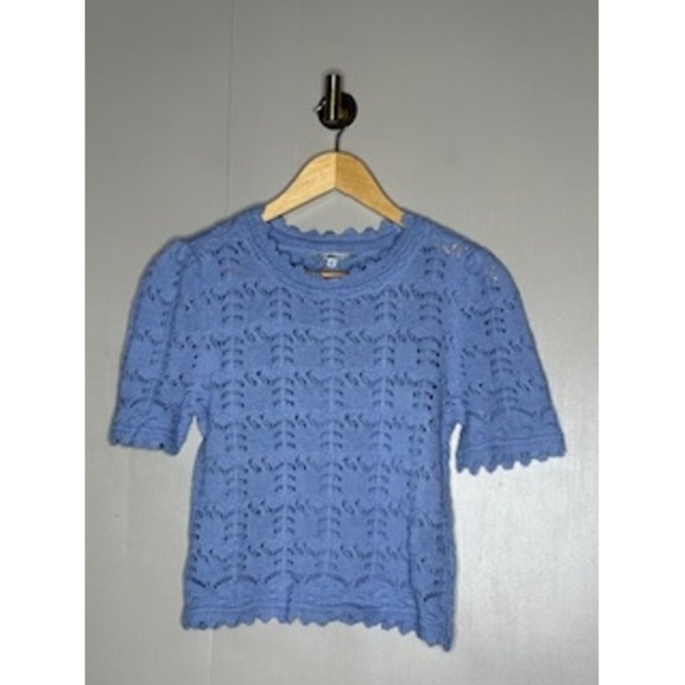 Sam Edelman Blue Pointelle Knit‎ Scalloped Short Sleeve Sweater XS